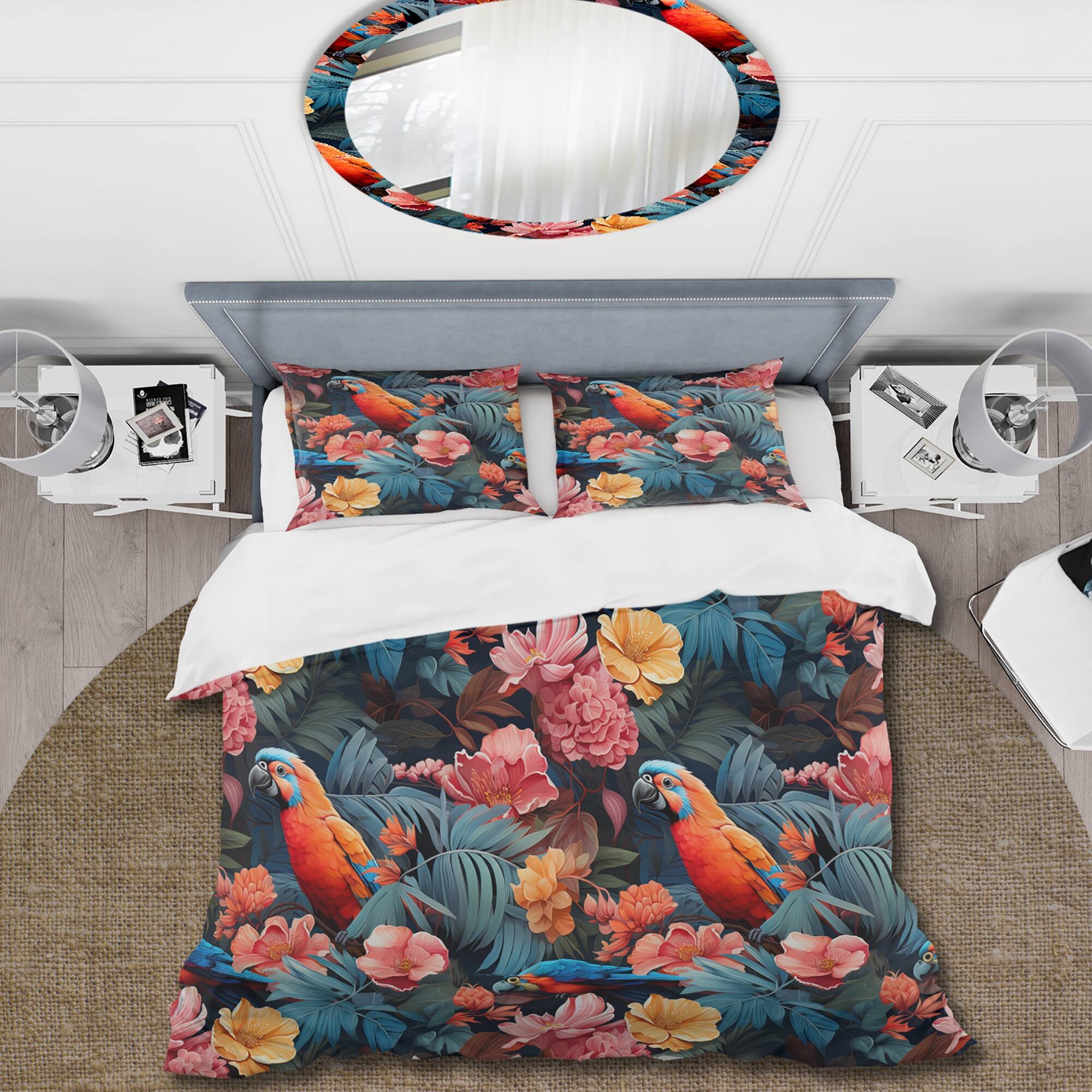 Designart "Tropical Sunset Colors Parrots I" Pink Animal Print Bedding